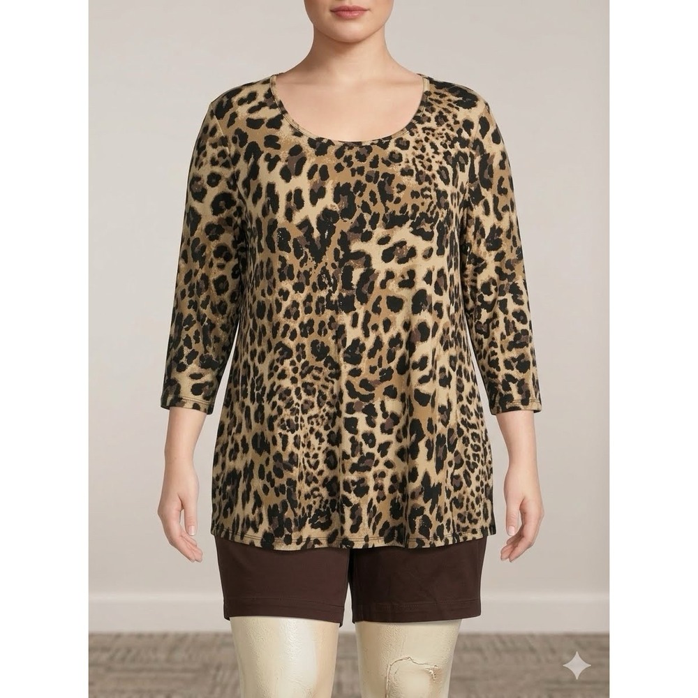 JM Collection Leopard Print Tunic Top Women's Plus Sz 3X 3/4 Sleeve Knit Stretch
